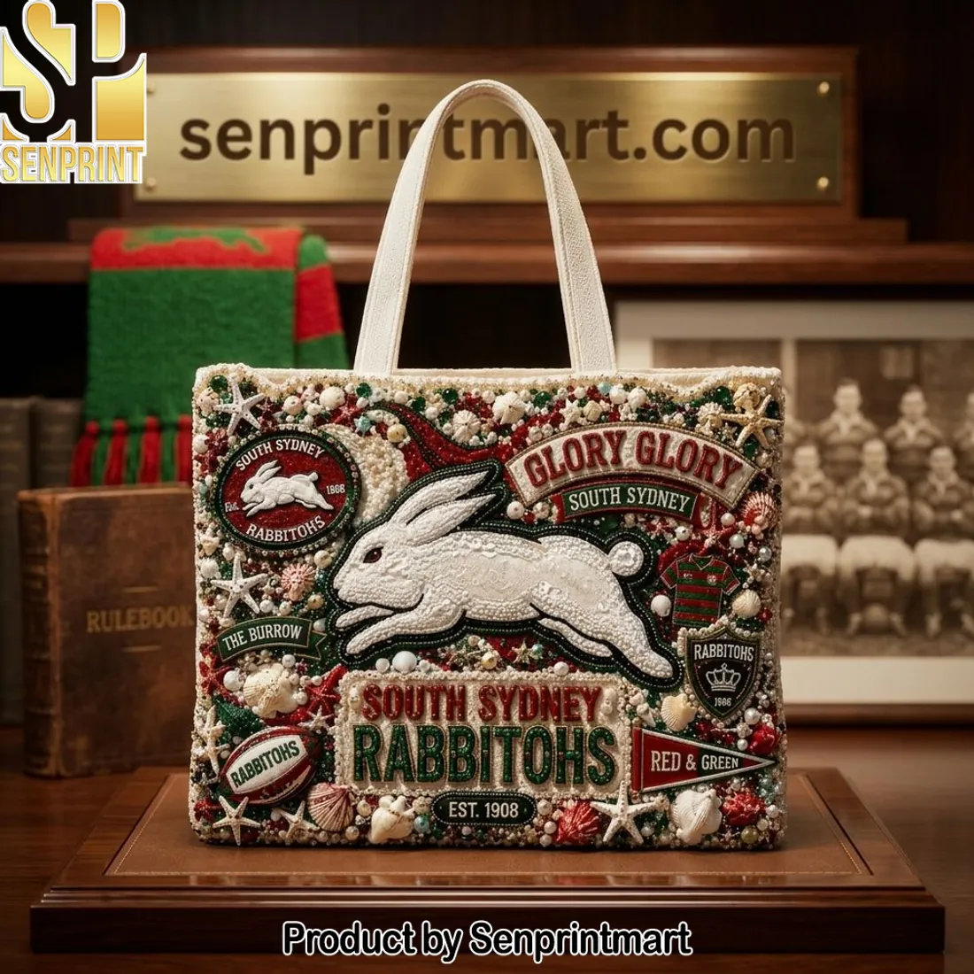 South Sydney Rabbitohs Glory Glory Luxury Beaded Tote Bag