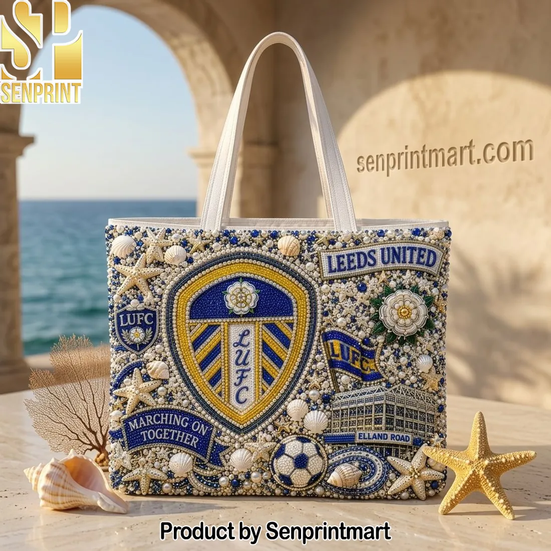 Leeds United LUFC Marching On Together Luxury Beaded Summer Tote Bag