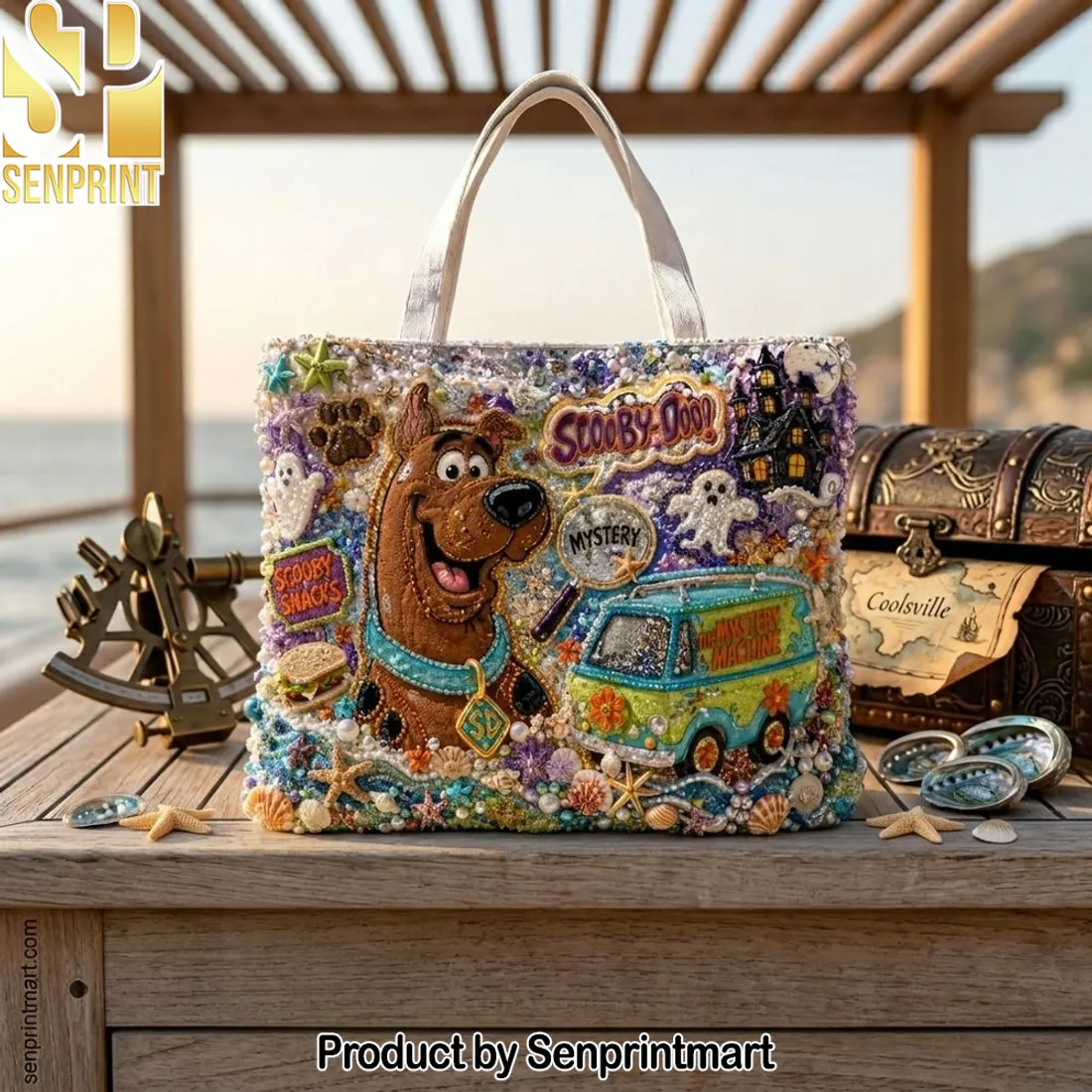 Scooby-Doo Mystery Machine Beaded 3D Embroidered Summer Beach Tote Bag