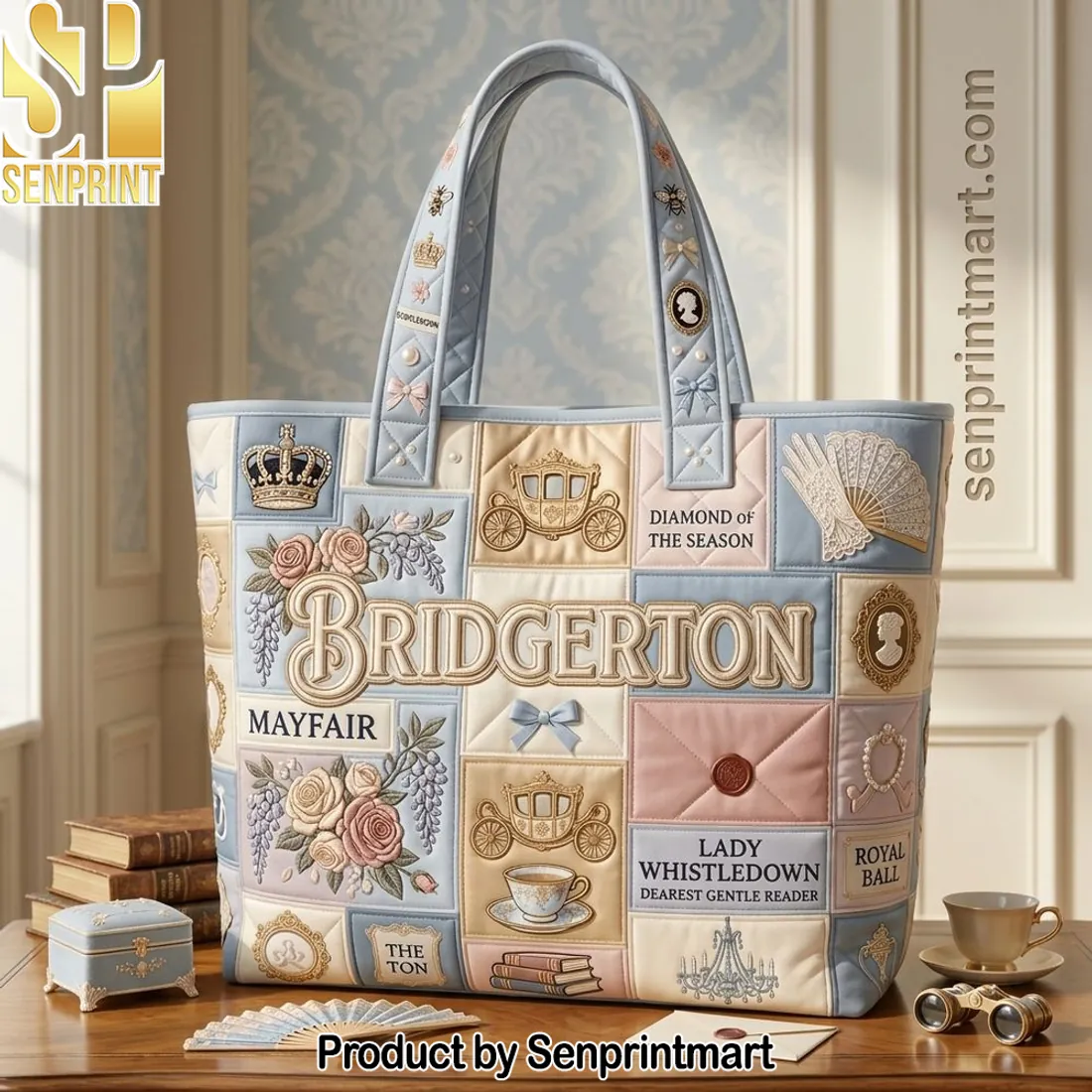 Bridgerton Lady Whistledown Regency Pastel Patchwork Quilted Tote Bag