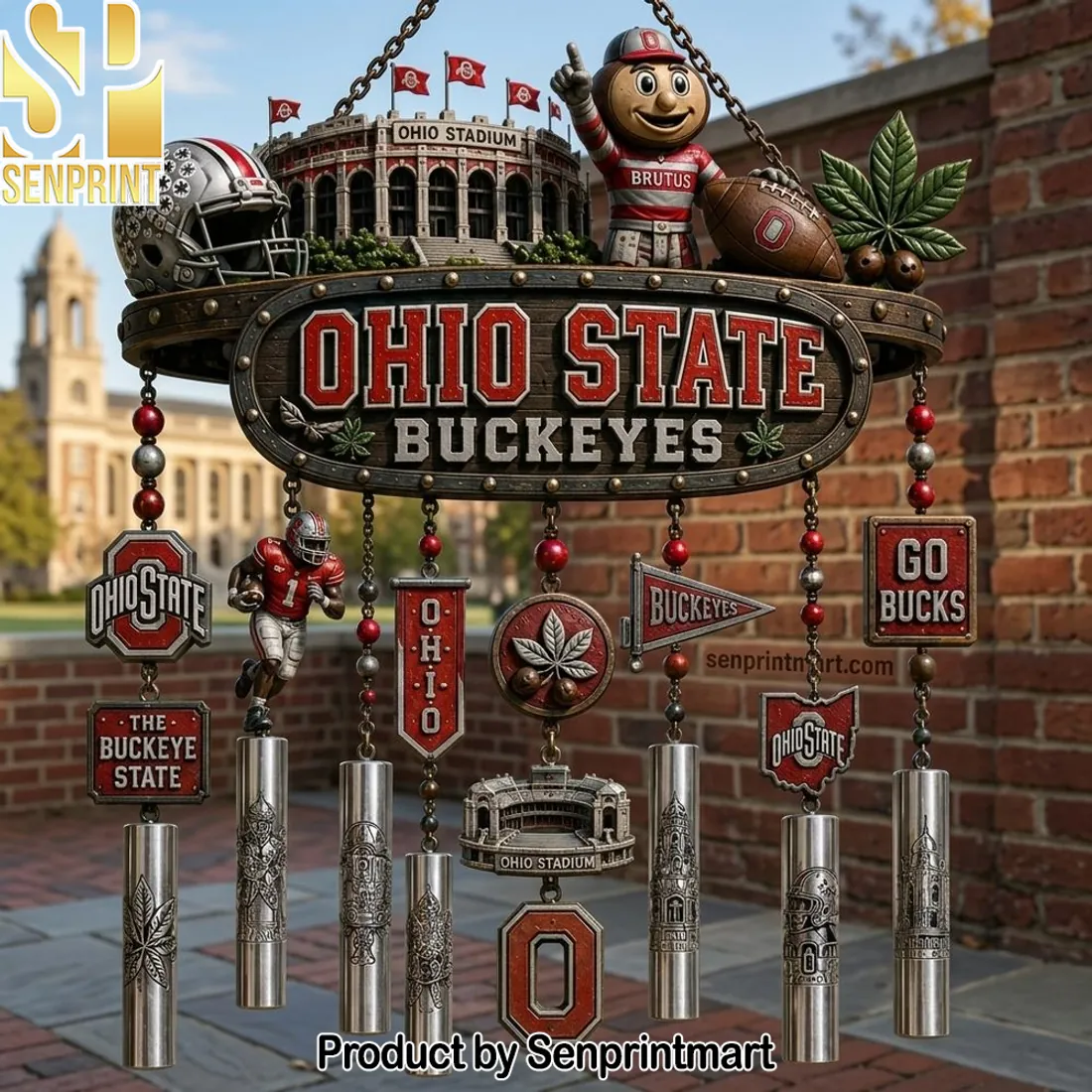 Ohio State Buckeyes Brutus Mascot Ohio Stadium Premium Outdoor Metal Wind Chime