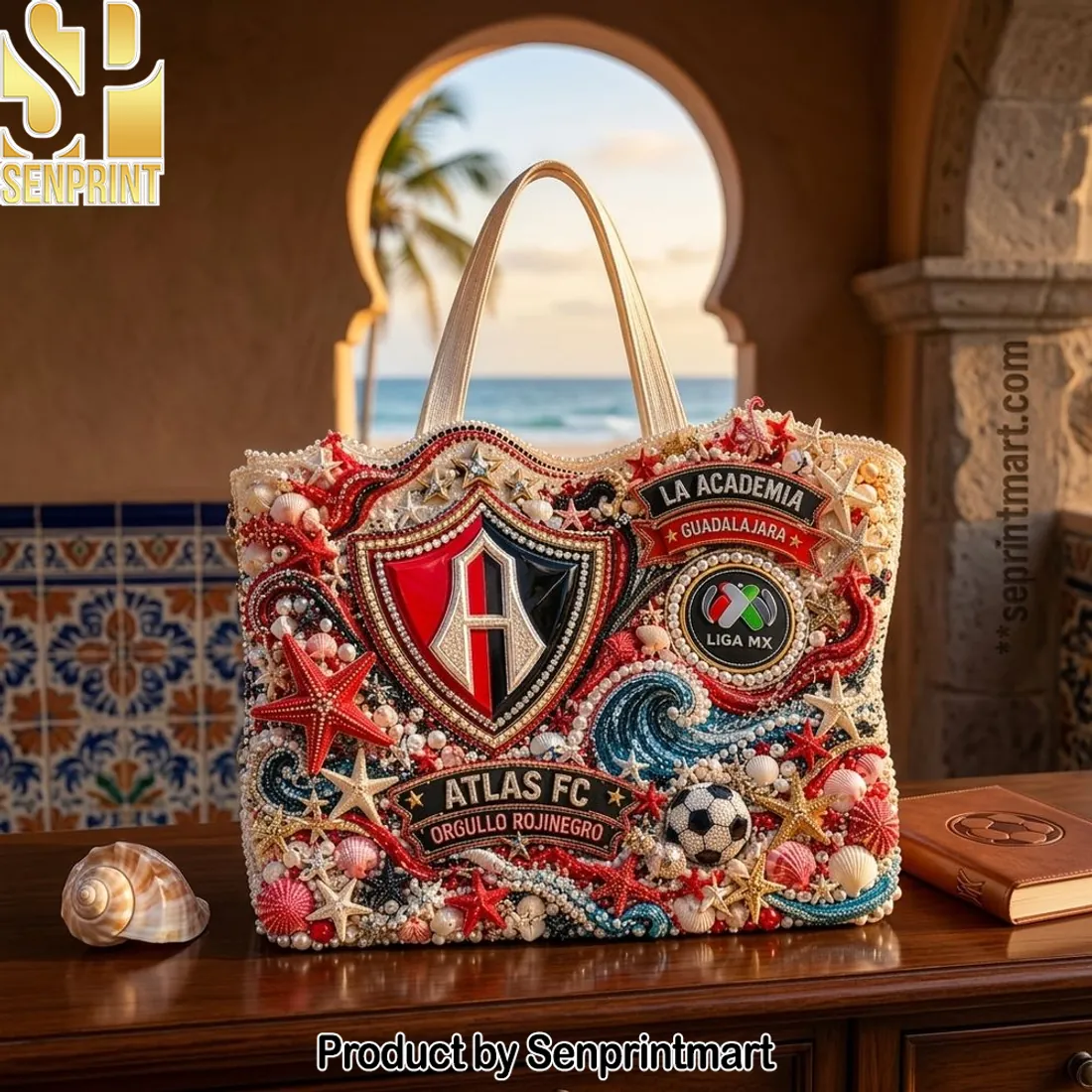 Atlas FC Orgullo Rojinegro Embellished Seashell Summer Tote Bag