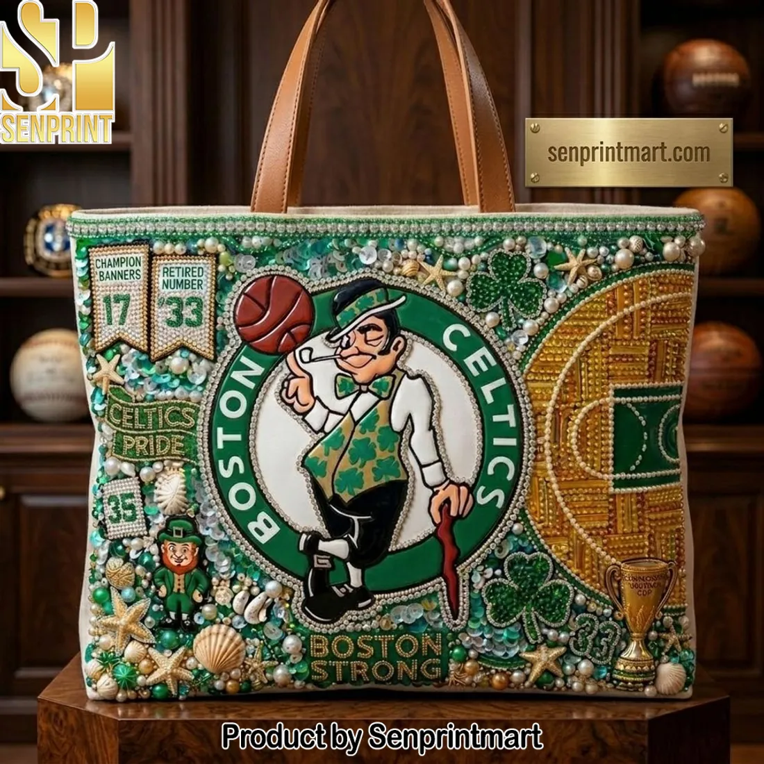 Boston Celtics Boston Strong Embellished Beaded Luxury Tote Bag