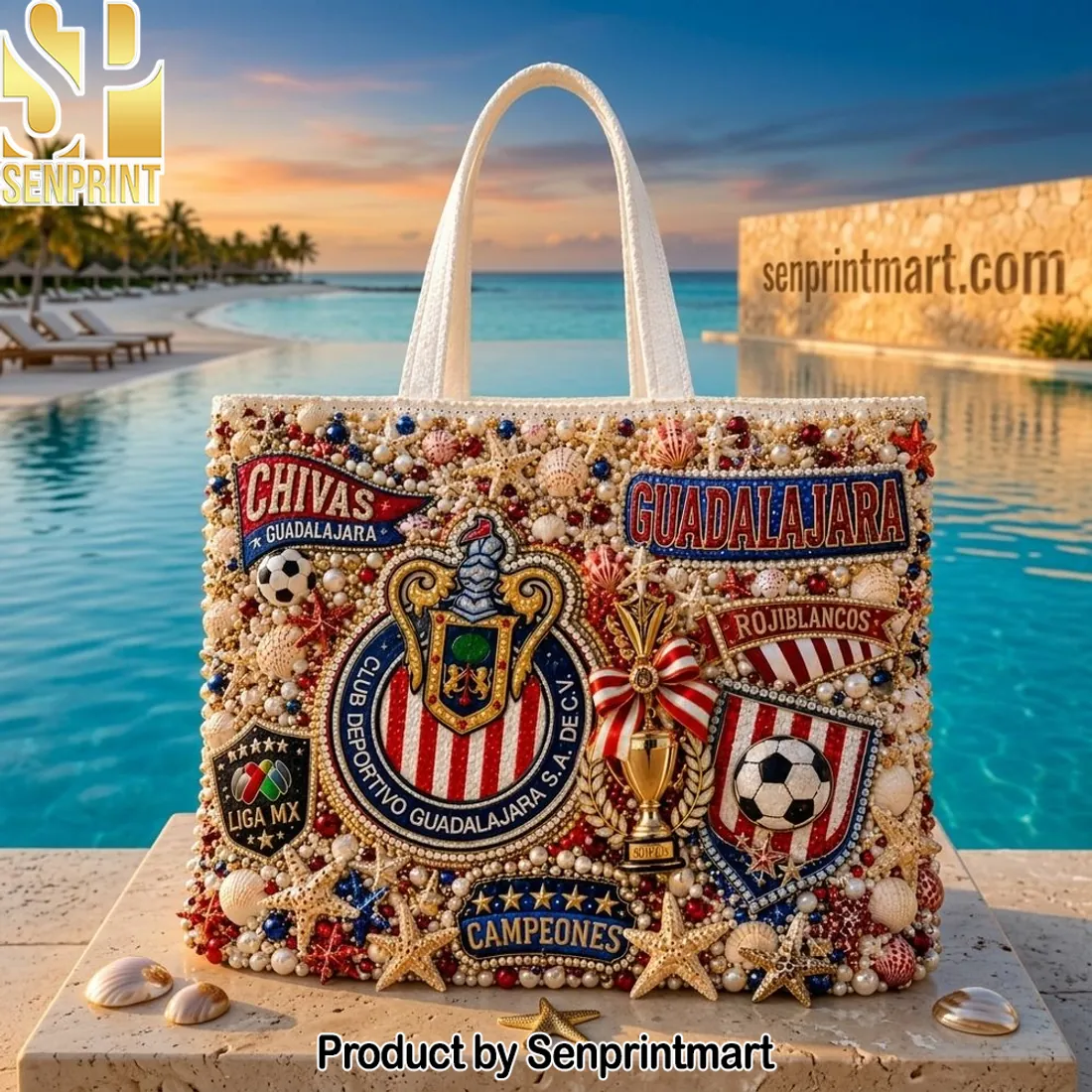 Chivas Guadalajara Rojiblancos Luxury Beaded Pearl Tote Bag