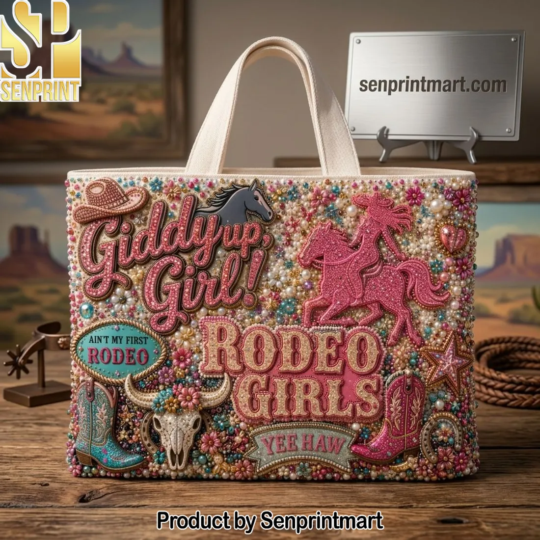 Giddy Up Girl Rodeo Girls Western Beaded Embellished Tote Bag