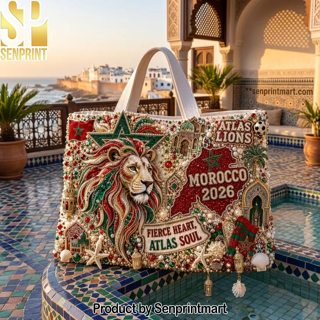 Morocco 2026 Atlas Lions Luxury Beaded Embellished Tote Bag
