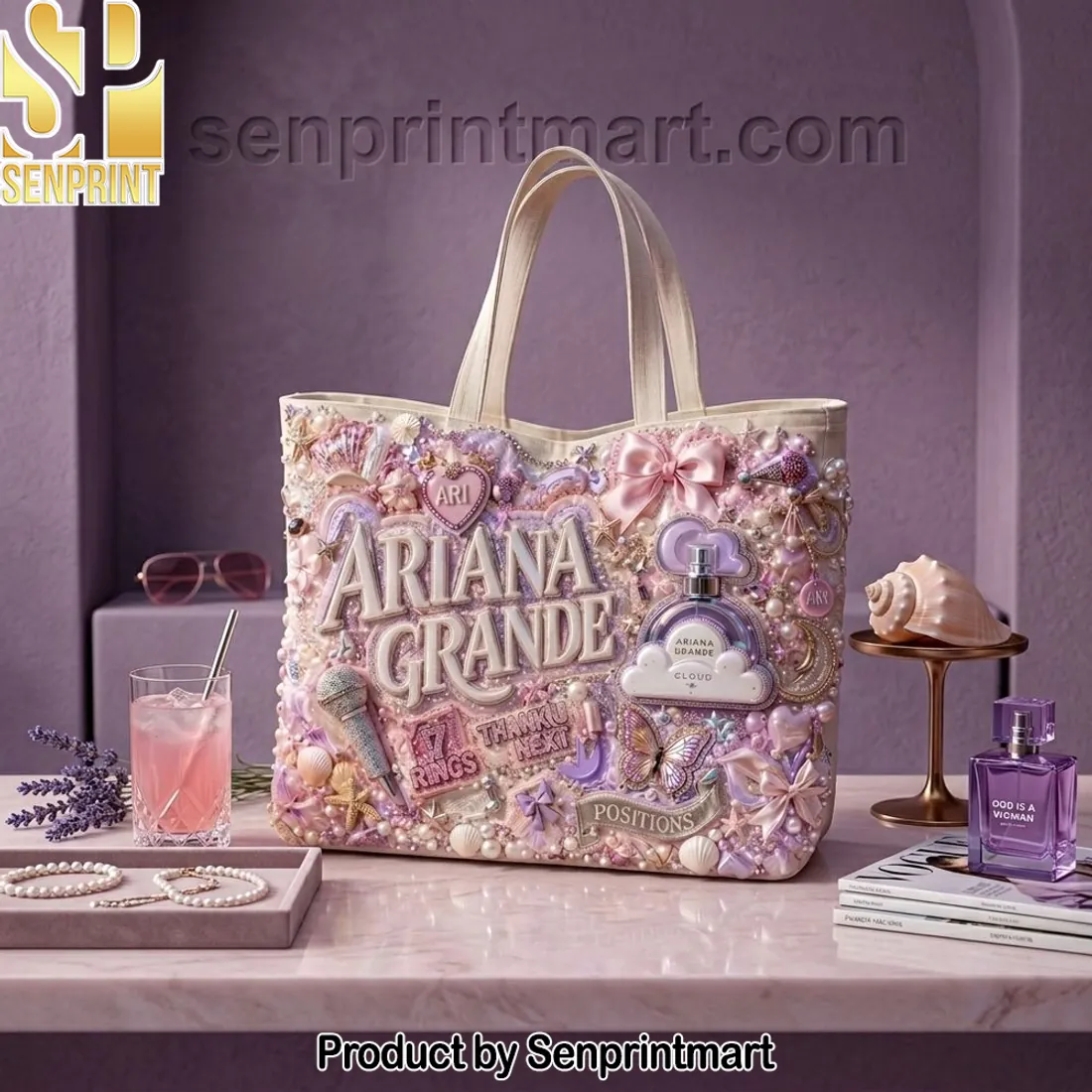 Ariana Grande 7 Rings Thank U Next 3D Embellished Canvas Tote Bag