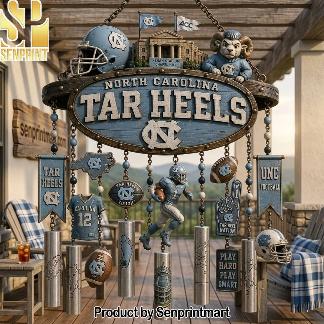 North Carolina Tar Heels NCAA Football Premium 3D Patio Wind Chime