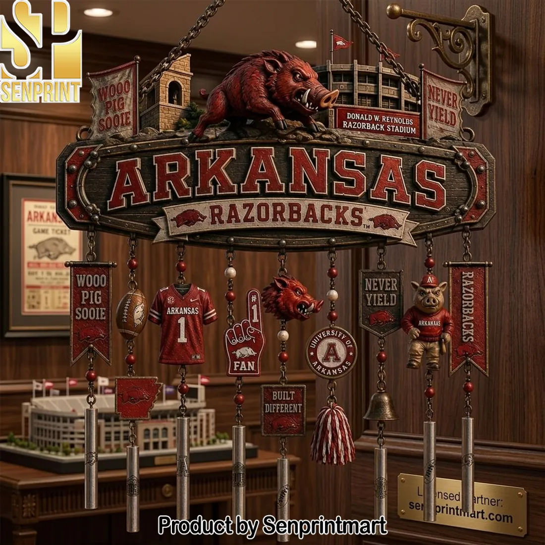 Arkansas Razorbacks Wooo Pig Sooie Premium 3D Rustic Patio Wind Chime