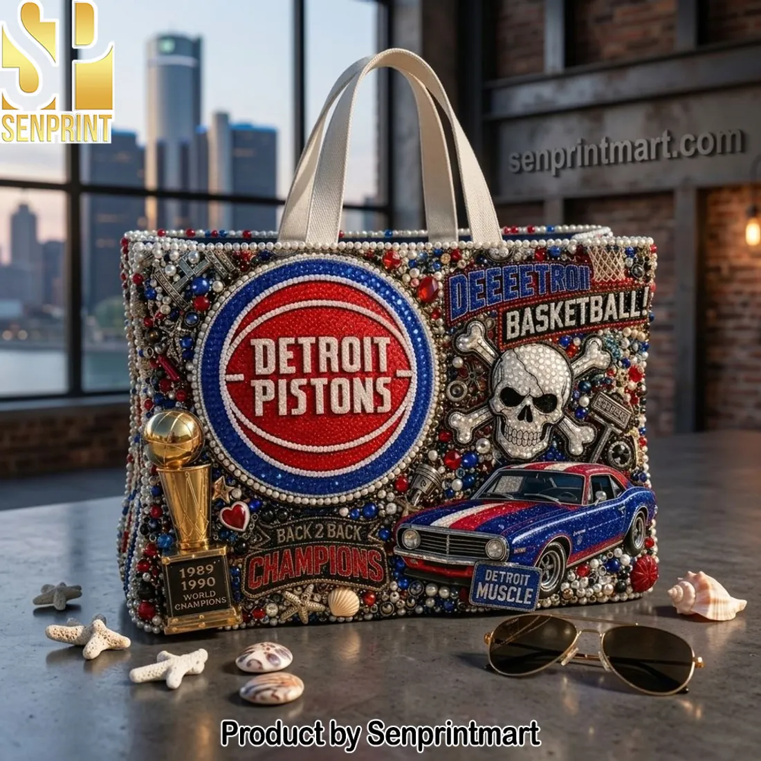 Detroit Pistons Back 2 Back Champions Beaded Rhinestone Luxury Tote Bag