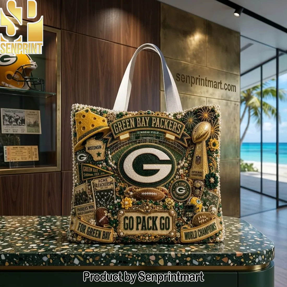 Green Bay Packers Go Pack Go Beaded Luxury Game Day Tote Bag