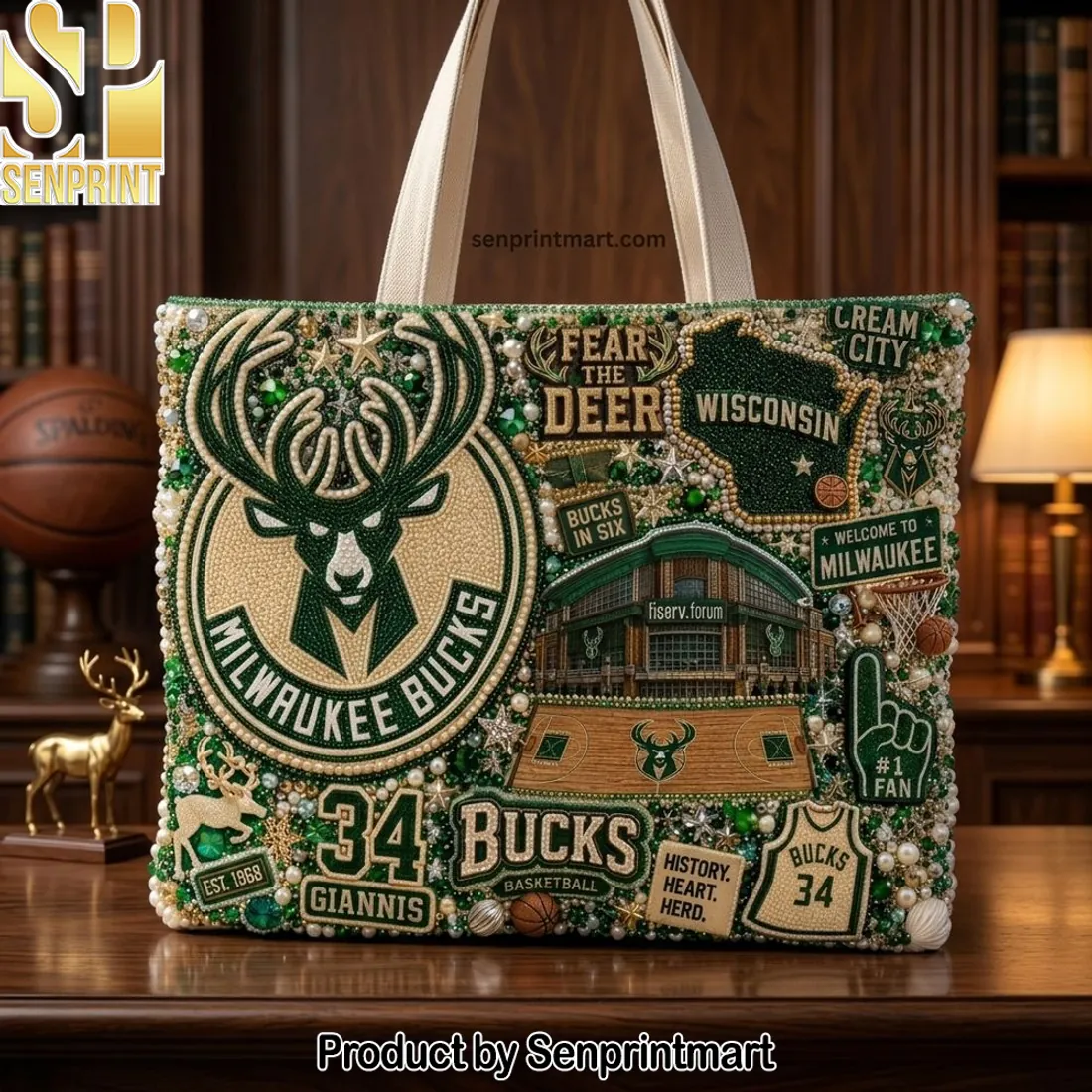 Milwaukee Bucks Giannis #34 Beaded Fan Tote Bag