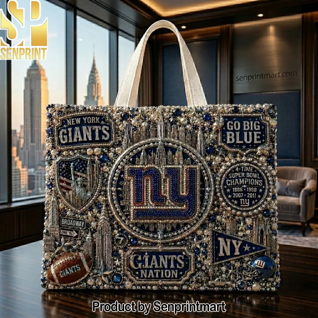 New York Giants 4-Time Super Bowl Champions Embellished Pearl Tote Bag
