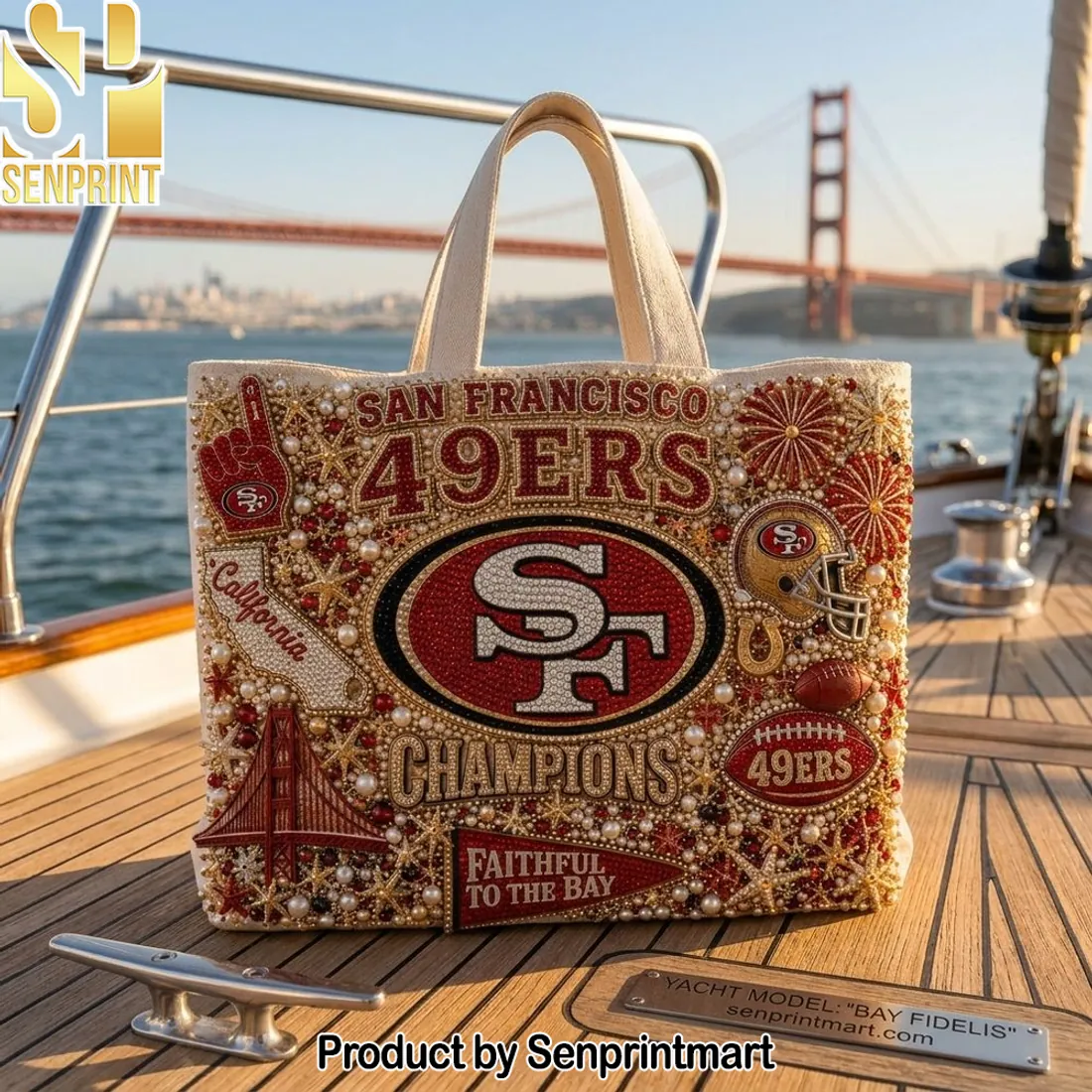 San Francisco 49ers Beaded Rhinestone Faithful to the Bay Tote Bag