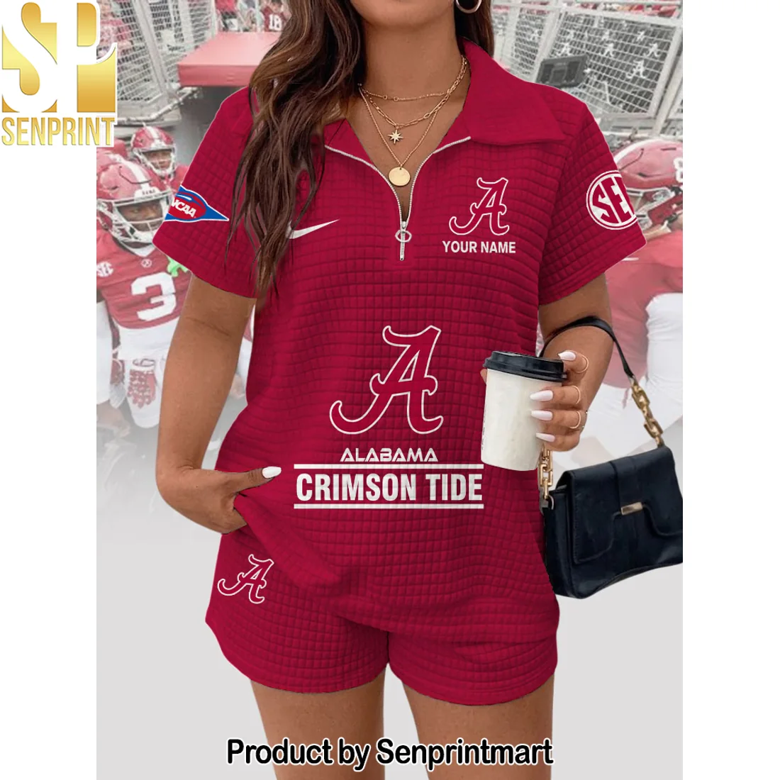 Alabama Crimson Tide Personalized Custom Name Quilted Waffle 2-Piece Zip Polo and Shorts Set