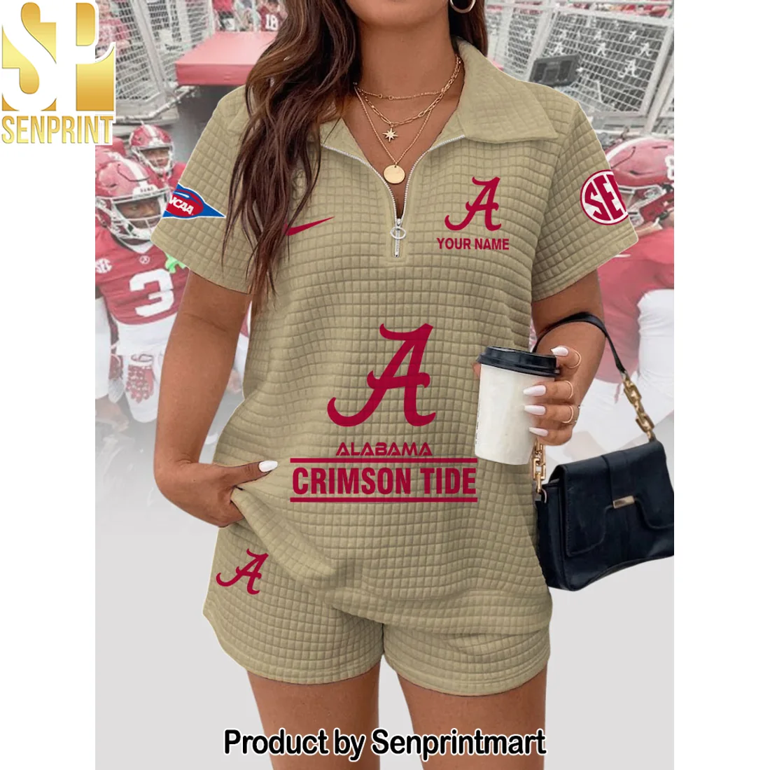 Alabama Crimson Tide Personalized Custom Name Quilted Waffle 2-Piece Zip Polo and Shorts Set Alabama Crimson Tide Personalized Custom Name Quilted Waffle 2-Piece Zip Polo and Shorts Set