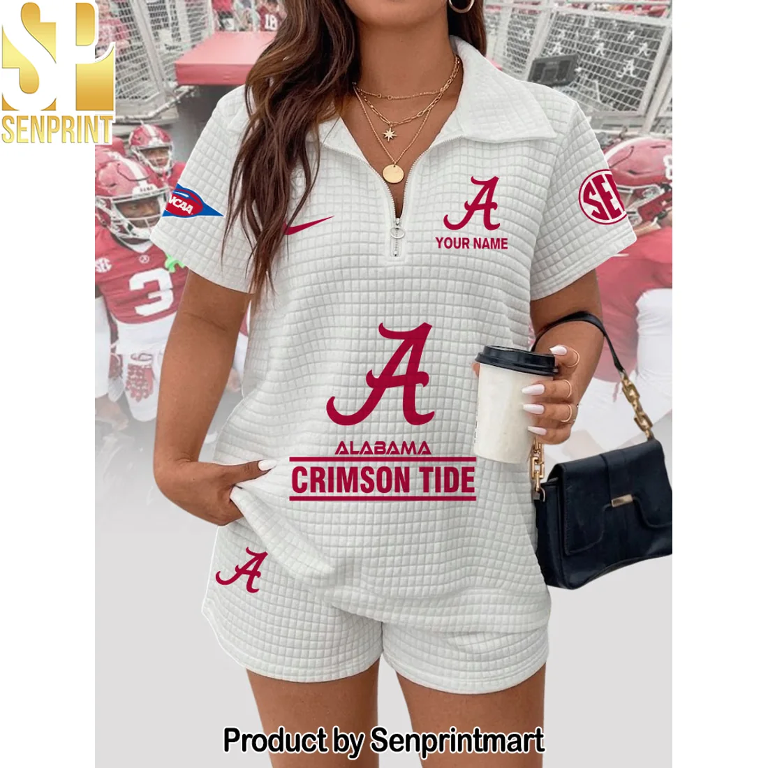 Alabama Crimson Tide Personalized Custom Name Quilted Waffle 2-Piece Zip Polo and Shorts Set Alabama Crimson Tide Personalized Custom Name Quilted Waffle 2-Piece Zip Polo and Shorts Set