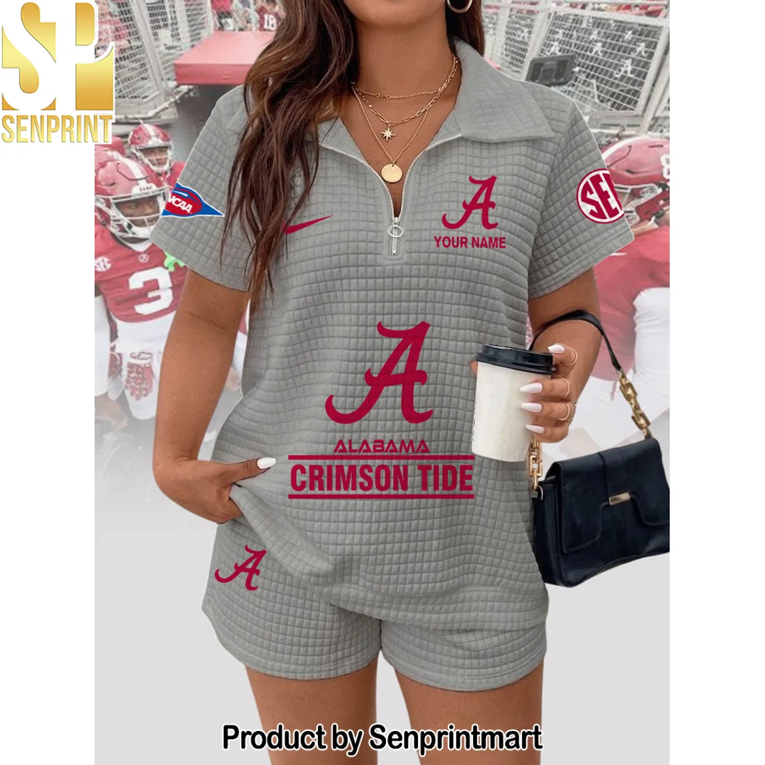 Alabama Crimson Tide Personalized Custom Name Quilted Waffle 2-Piece Zip Polo and Shorts Set Alabama Crimson Tide Personalized Custom Name Quilted Waffle 2-Piece Zip Polo and Shorts Set
