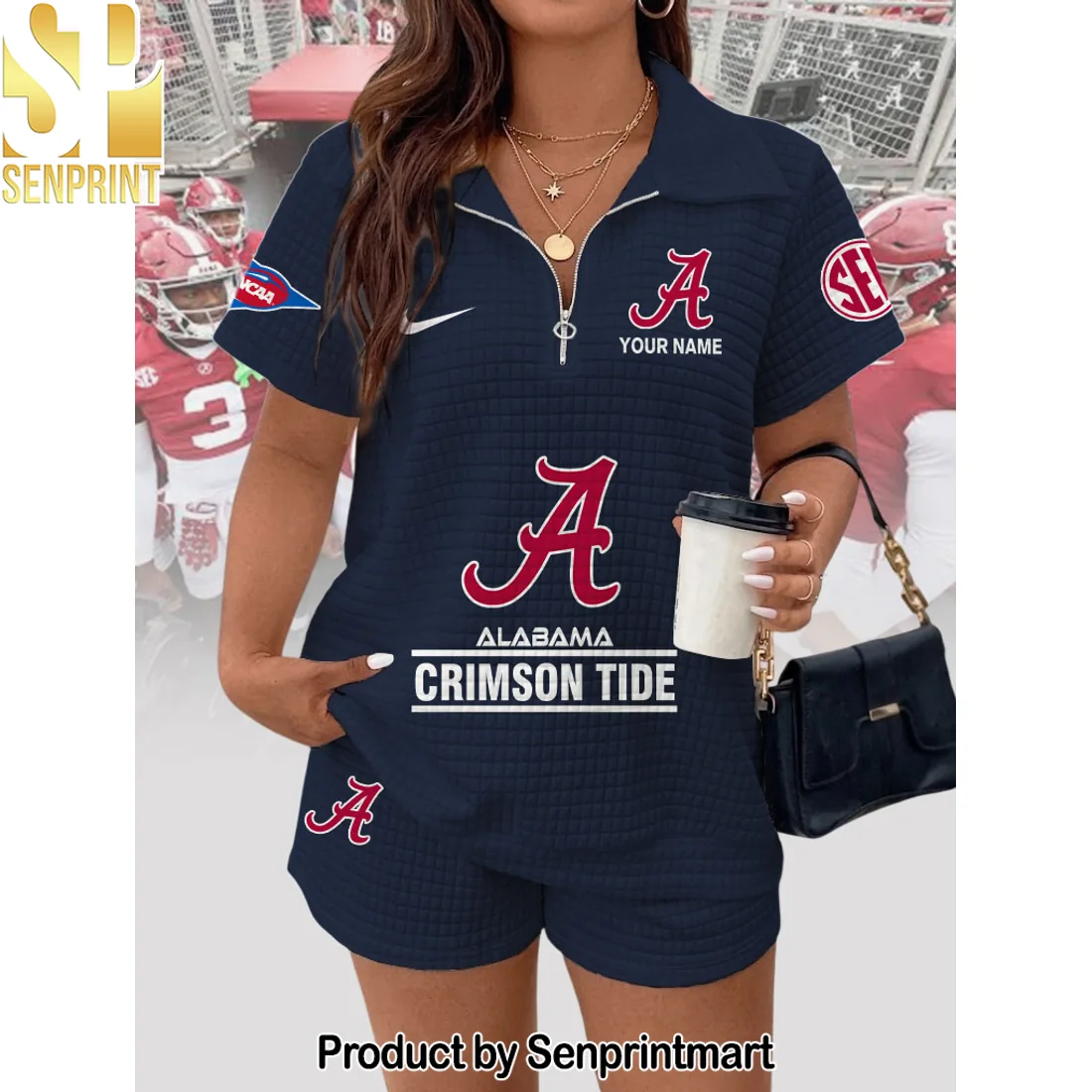 Alabama Crimson Tide Personalized Custom Name Quilted Waffle 2-Piece Zip Polo and Shorts Set Alabama Crimson Tide Personalized Custom Name Quilted Waffle 2-Piece Zip Polo and Shorts Set