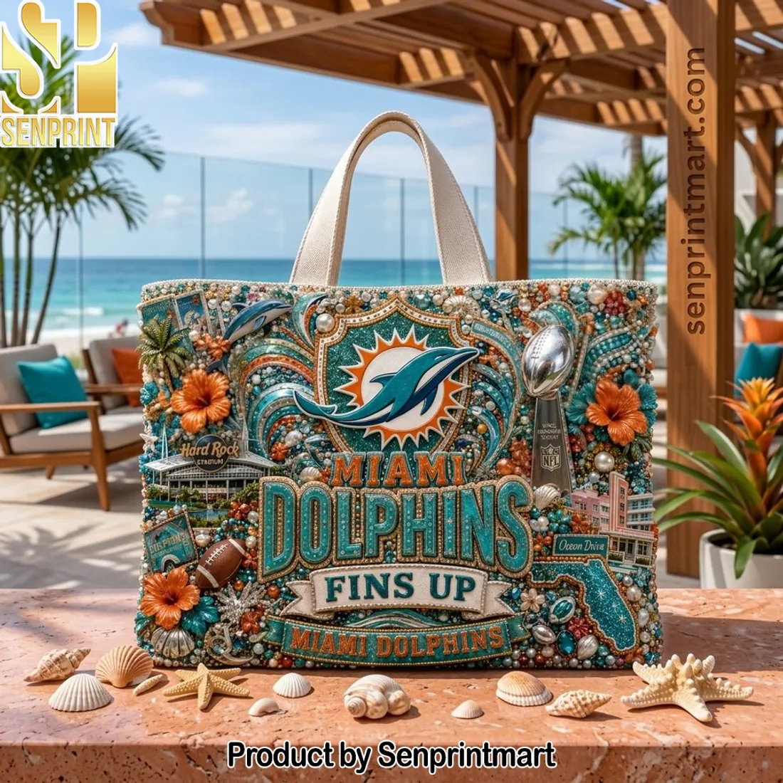 Miami Dolphins Fins Up Luxury Beaded Summer Beach Tote Bag