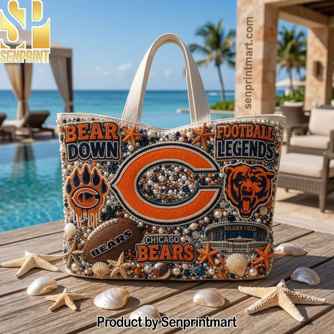 Chicago Bears Bear Down Luxury Pearl Beaded Beach Tote Bag