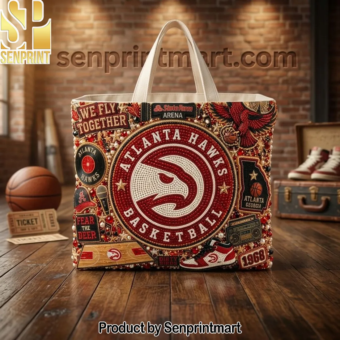 Atlanta Hawks Basketball Beaded Rhinestone Luxury Fan Tote Bag