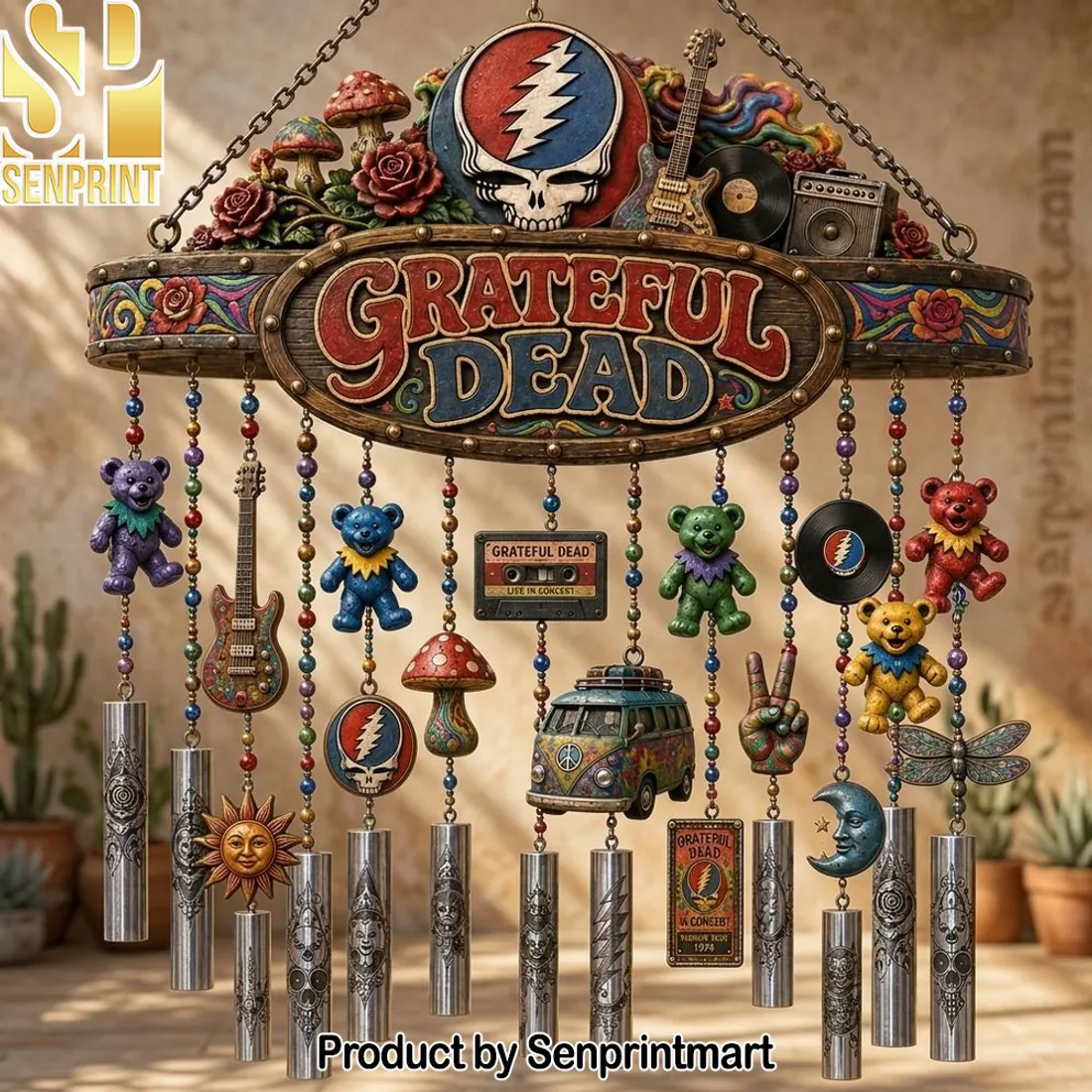 Grateful Dead Dancing Bears and Steal Your Face Retro Outdoor Wind Chime