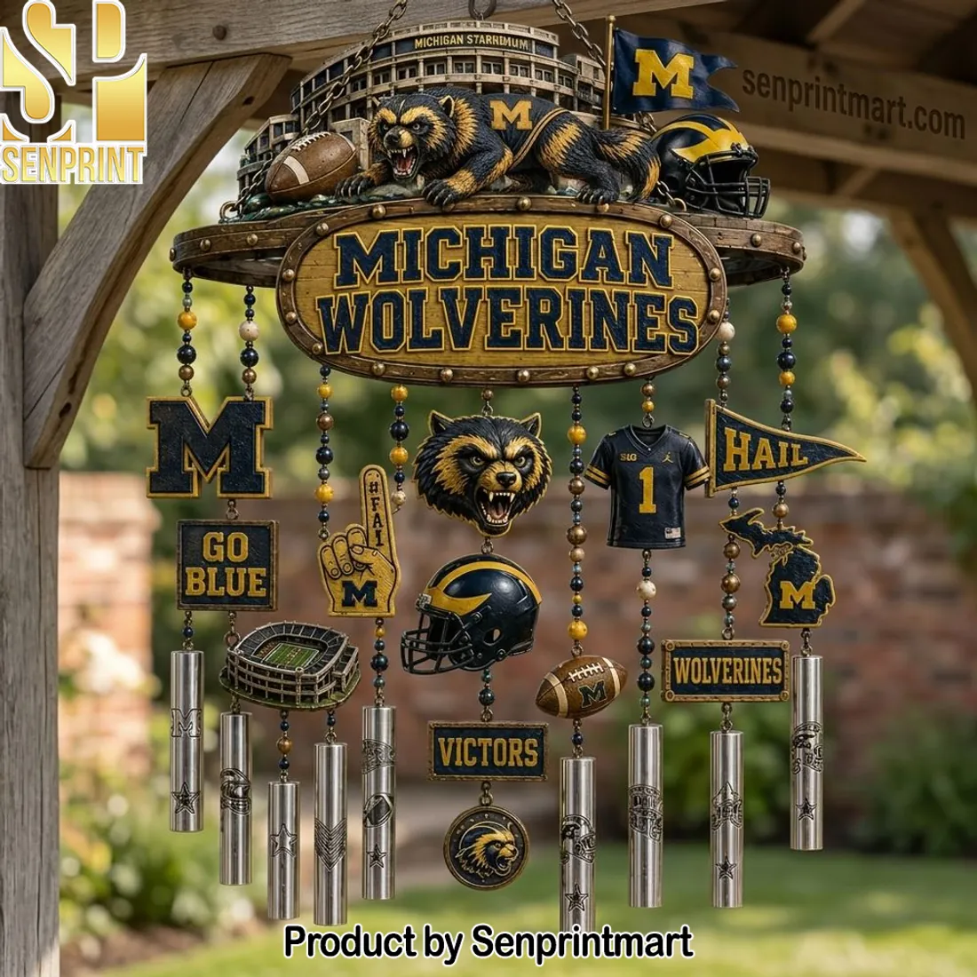 Michigan Wolverines Go Blue NCAA Football Premium 3D Wind Chime