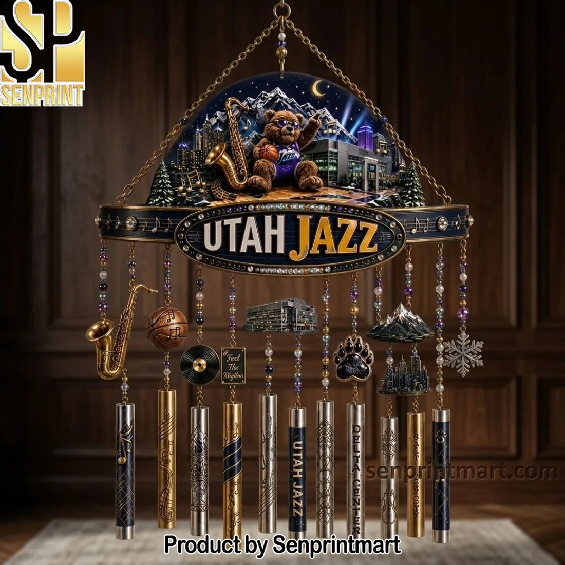 Utah Jazz Bear Mascot Premium 3D Metal Wind Chime