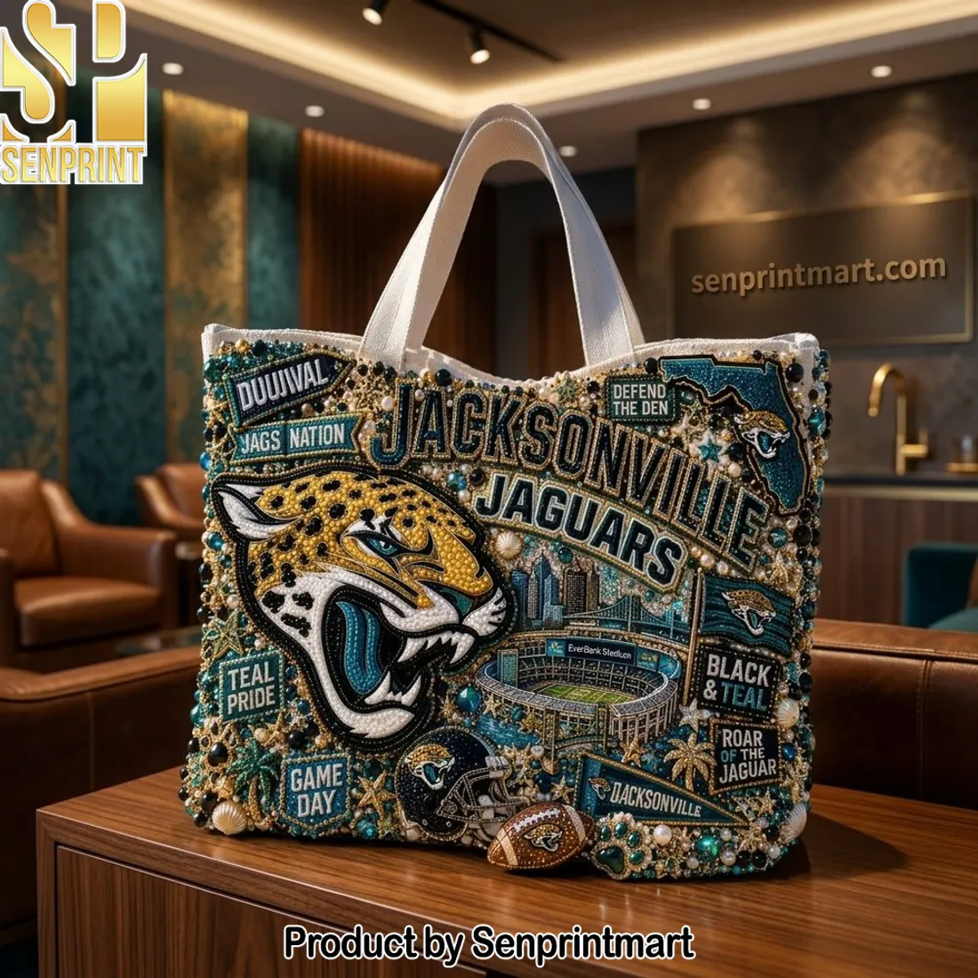 Jacksonville Jaguars Beaded Game Day Luxury Embellished Tote Bag