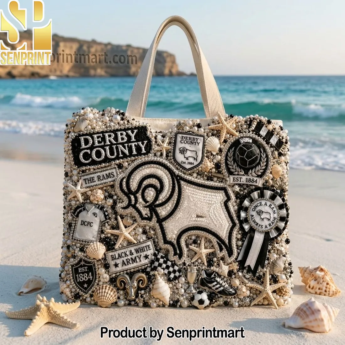 Derby County FC The Rams Luxury Beaded Pearl Embellished Tote Bag
