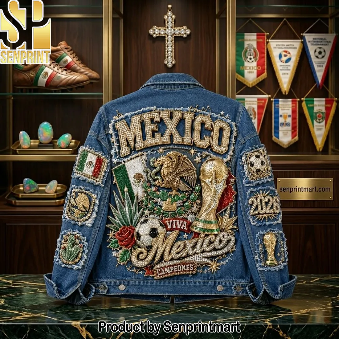 Viva Mexico Campeones Premium Embellished Rhinestone Soccer Denim Jacket