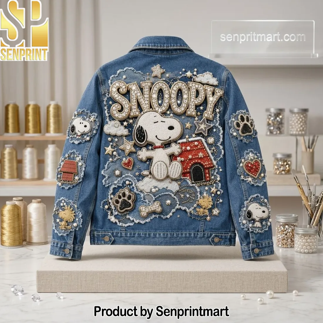 Snoopy Peanuts Luxury Embellished Pearl and Sequin Denim Jacket