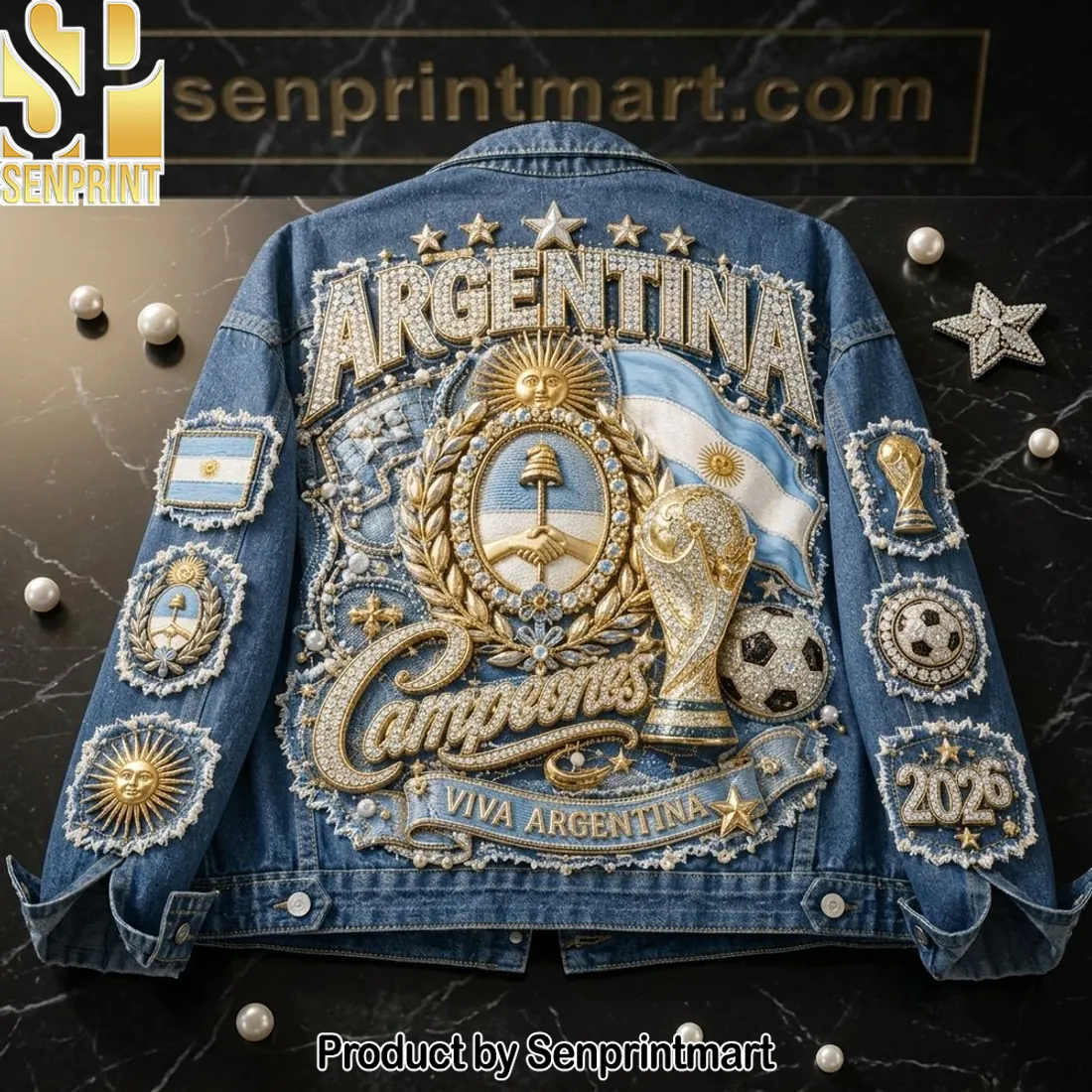 Argentina Campeones Viva Argentina Luxury Rhinestone Denim Jacket