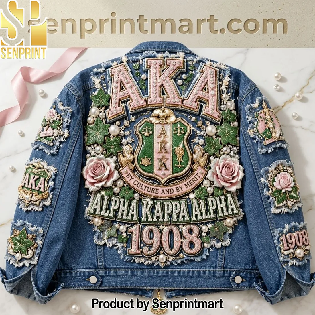 Alpha Kappa Alpha 1908 Sorority Premium Embellished Pearl Denim Jacket