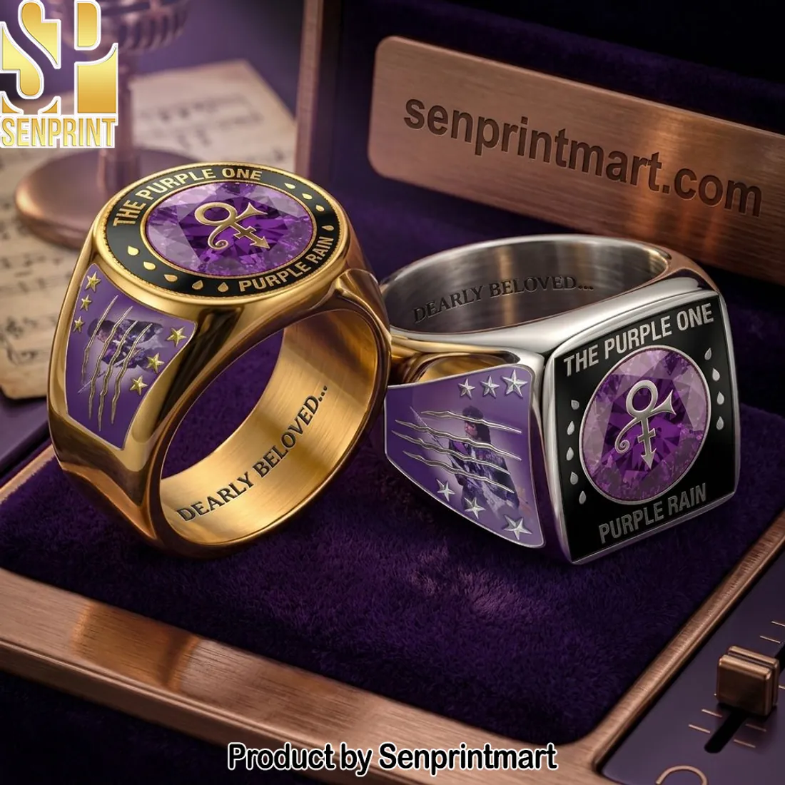 Prince Purple Rain Dearly Beloved Commemorative 3D Engraved Signet Ring
