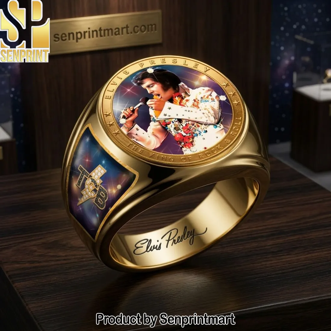 Elvis Presley The King of Rock and Roll Gold Commemorative TCB Ring