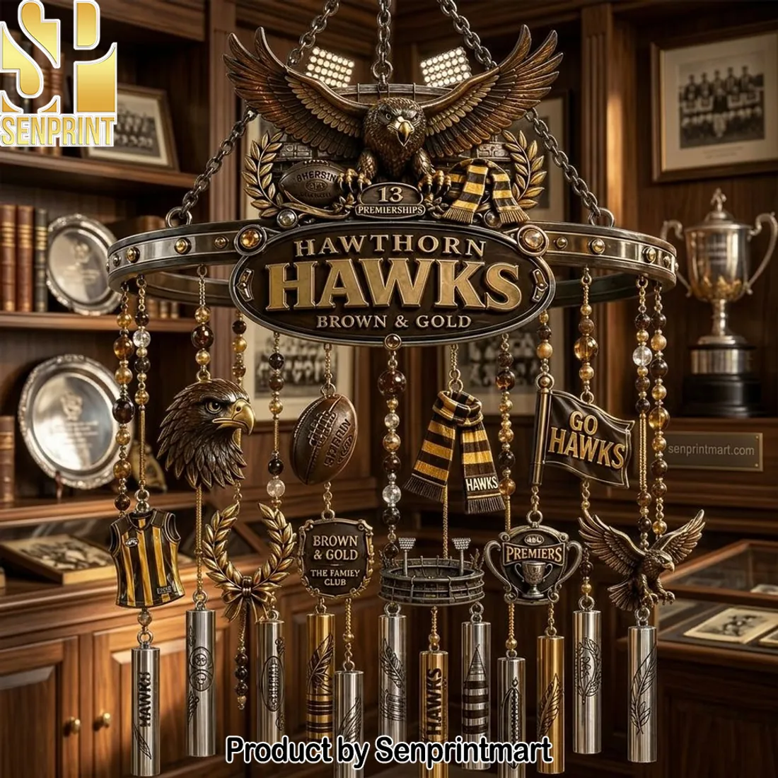 Hawthorn Hawks 13 Premierships Brown and Gold Premium Metal Wind Chime