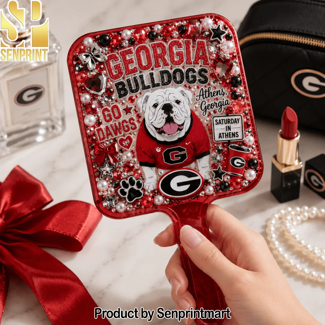 Georgia Bulldogs UGA Go Dawgs Bling Rhinestone Pearl Glam Handheld Mirror Georgia Bulldogs UGA Go Dawgs Bling Rhinestone Pearl Glam Handheld Mirror