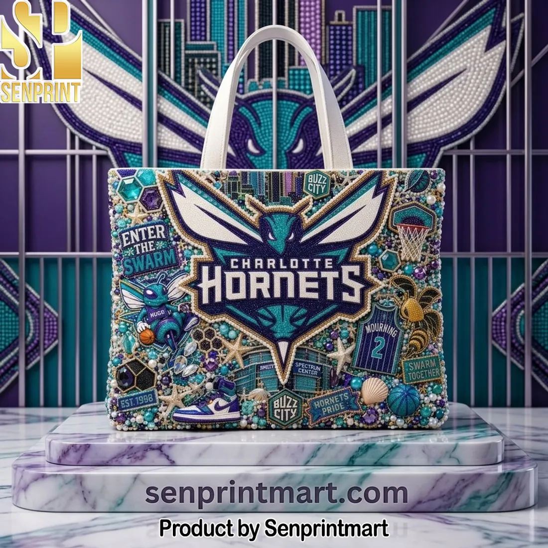 Charlotte Hornets Buzz City Luxury Beaded Rhinestone Style Tote Bag