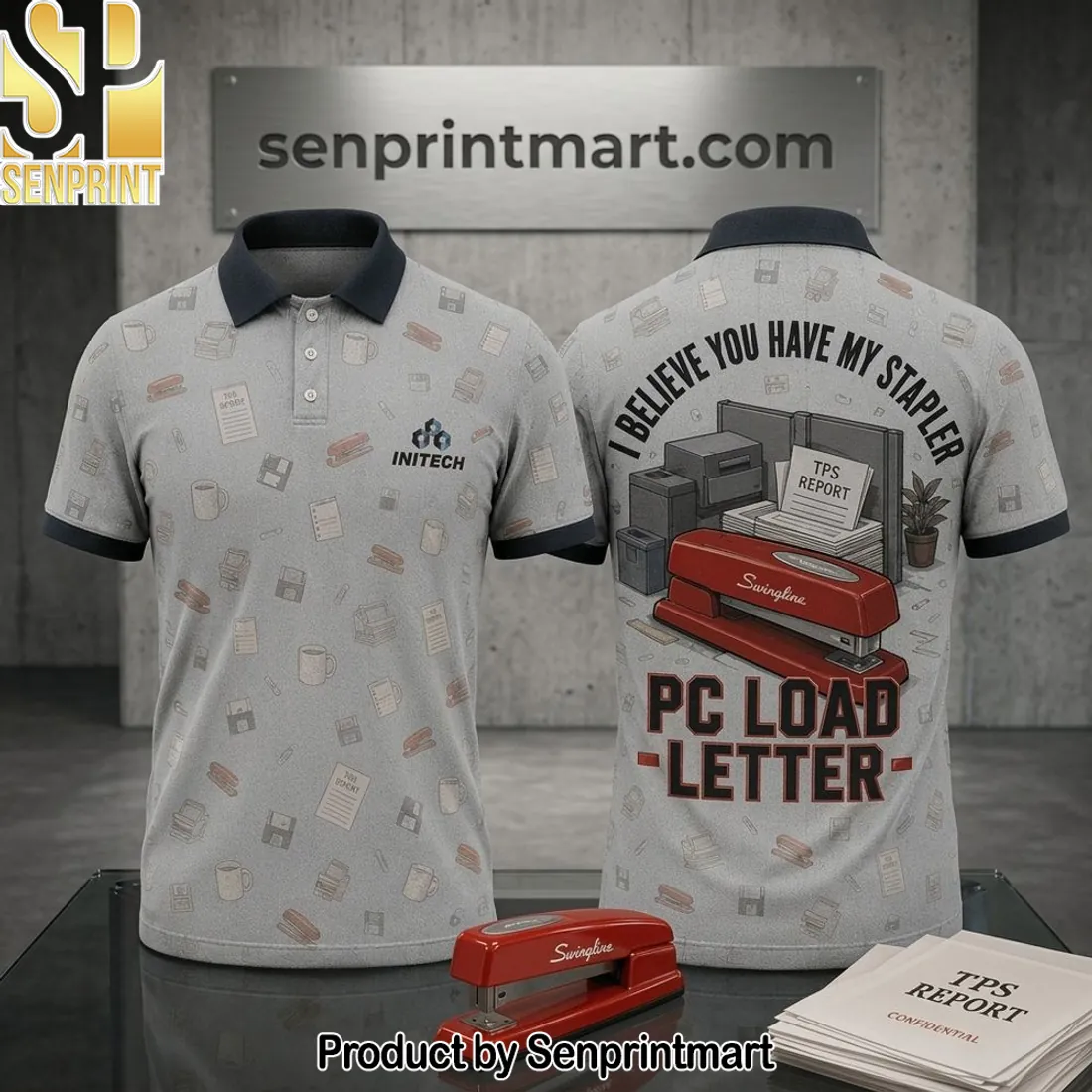 Office Space Initech I Believe You Have My Stapler Funny Graphic Polo Shirt