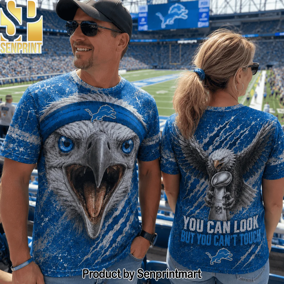 Detroit Lions NFL Aggressive Eagle Championship Trophy You Can Look But You Can’t Touch Blue 3D Graphic T-Shirt