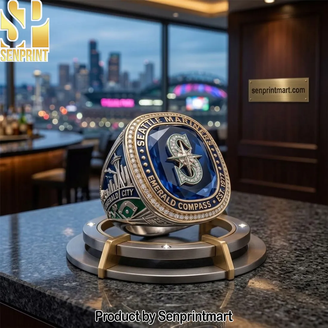Seattle Mariners Est 1977 Commemorative Emerald Compass Ring