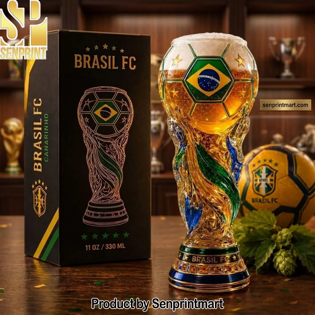 Brasil FC Canarinho Premium 3D Soccer Trophy Beer Glass