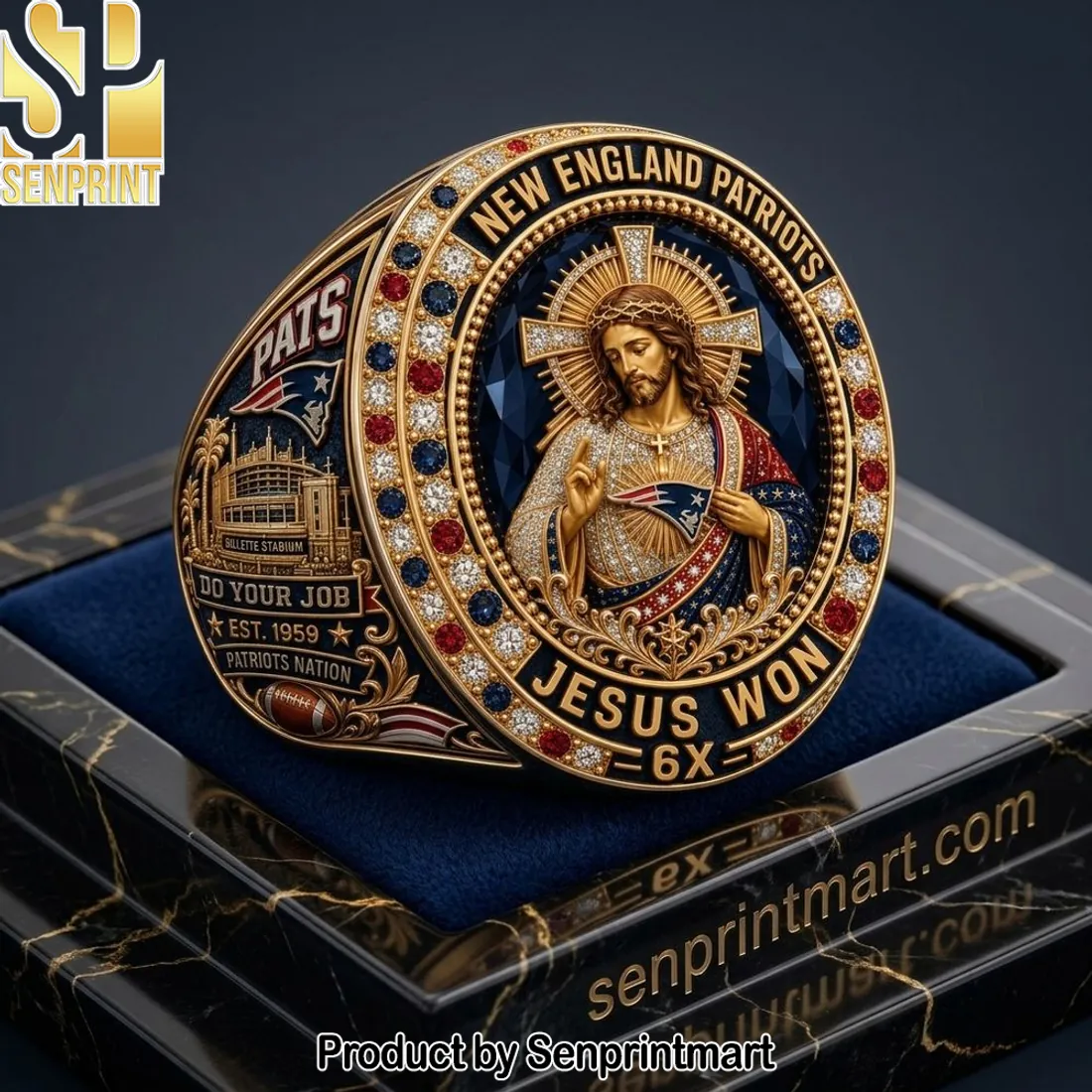 New England Patriots Jesus Won 6X Championship Commemorative Gold Plated Ring