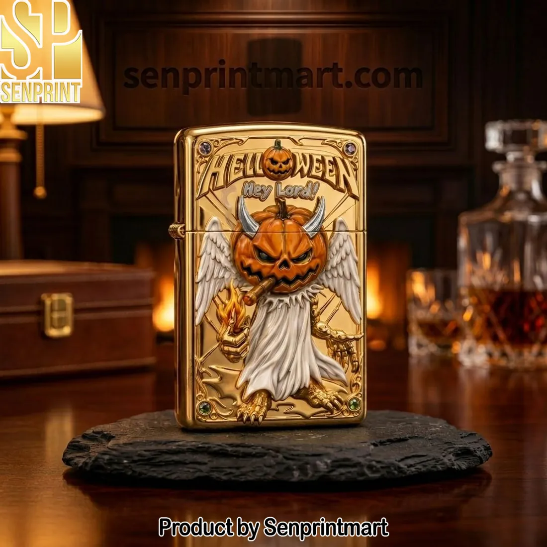Helloween Hey Lord Pumpkin Mascot 3D Embossed Gold Zippo Lighter