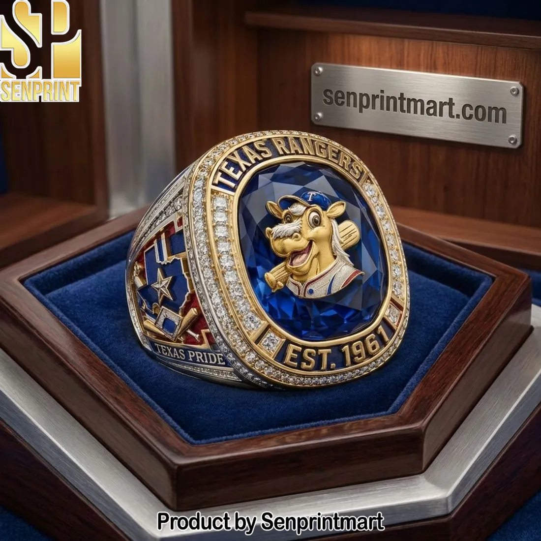 Texas Rangers Est 1961 Commemorative Mascot Blue Gemstone Ring