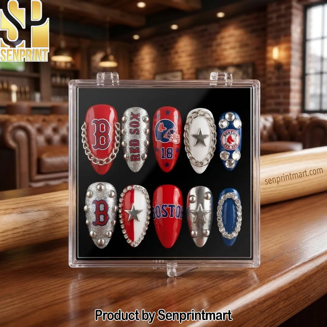 Boston Red Sox Handmade Luxury 3D Rhinestone Press On Nails