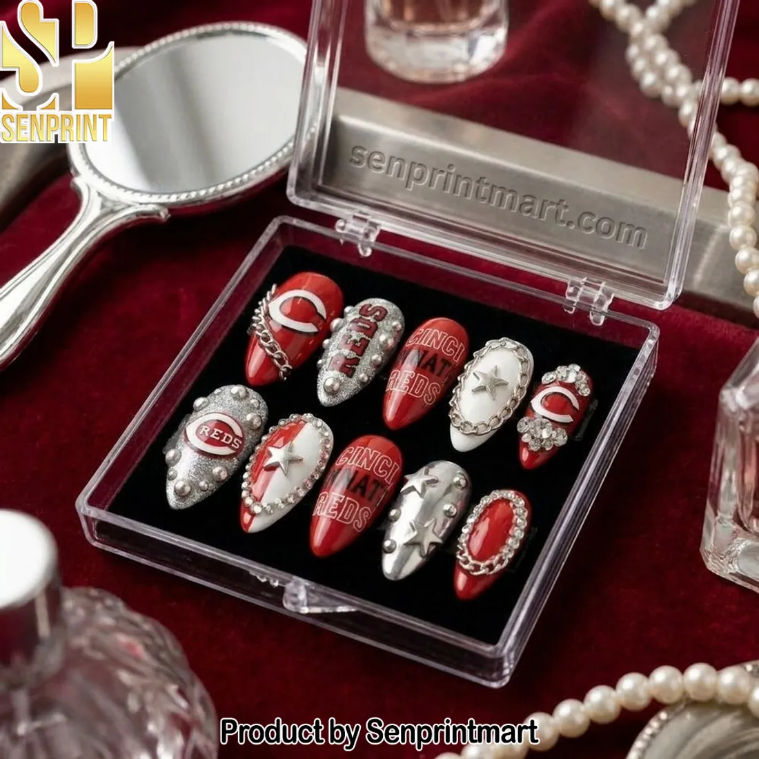 Cincinnati Reds Handmade 3D Luxury Rhinestone Press On Nails