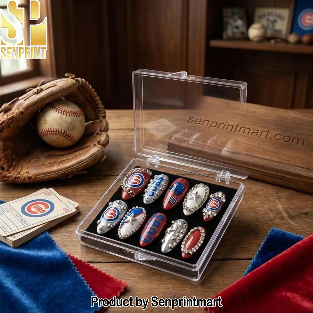 Chicago Cubs Game Day Luxury 3D Rhinestone Handmade Press On Nails
